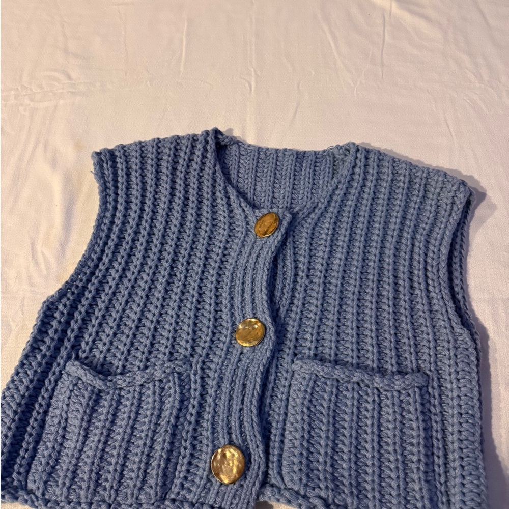 Blue Knit Vest with Gold Buttons